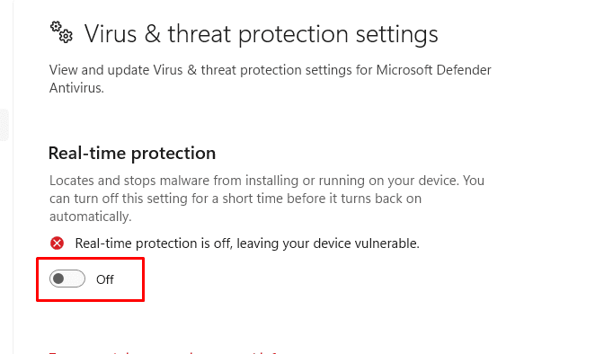 Windows Security, turn off Virus & threat protection.